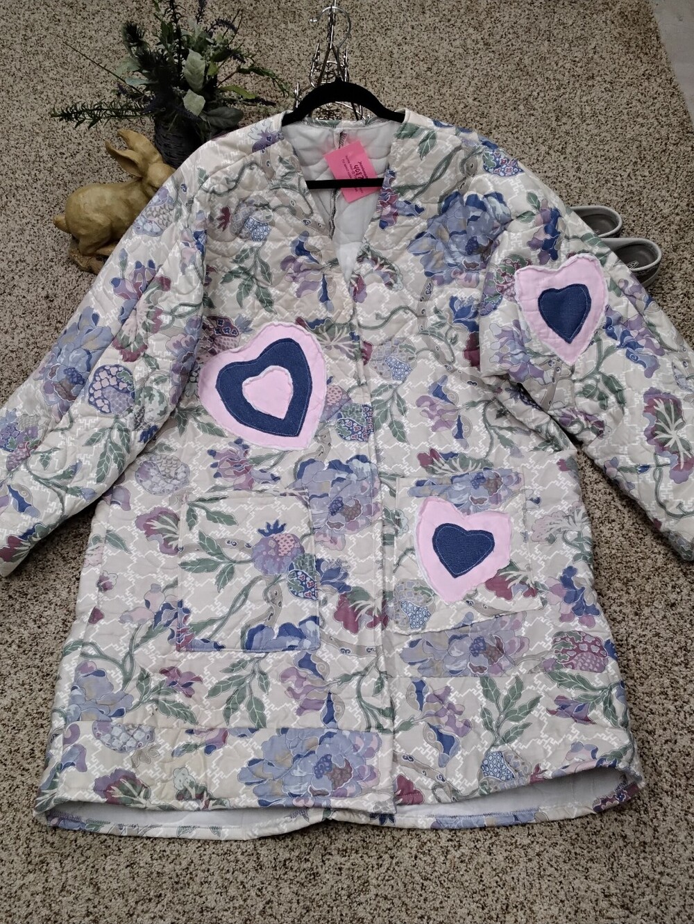 4086 Size XL/ 1X Long Quilt Coat, With Applique Hearts In Pink And Blue.